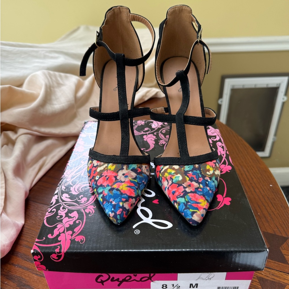 Qupid Black Suede & Multi-colored Floral Pointed-Toe Heels